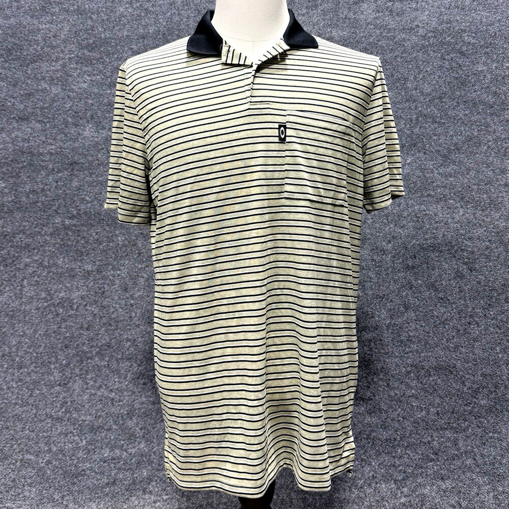 Oakley Hydrolix Mens Large Golf Polo Shirt Gray Black Striped Pocket Regular Fit